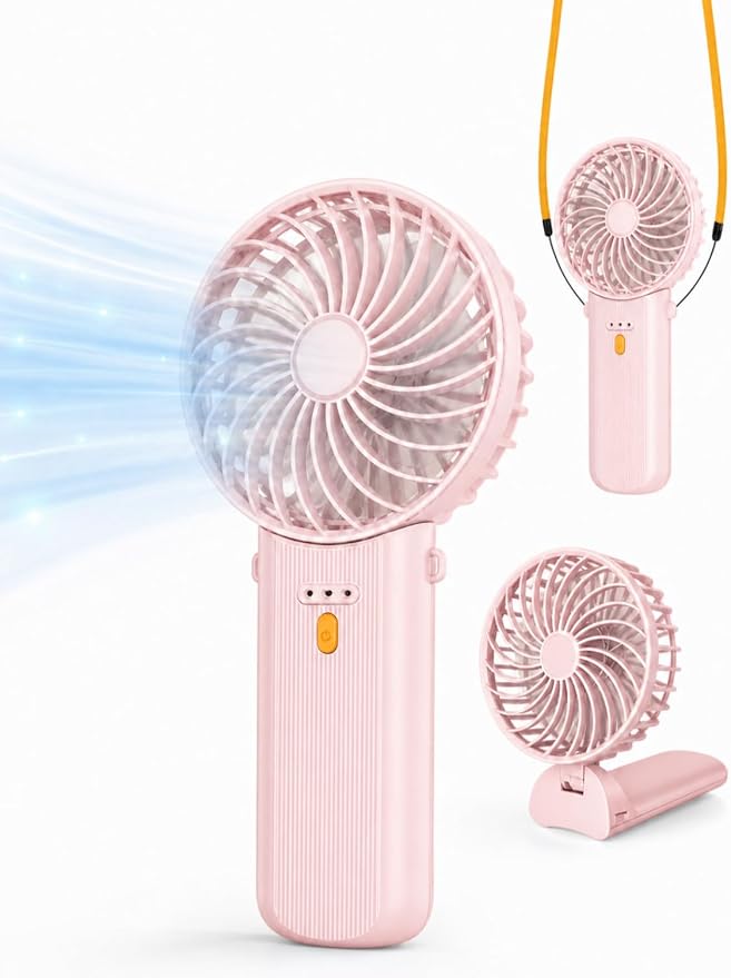 Portable Mini Fan, Quiet Foldable Fan with Lanyard (Pink) | 4 Speeds, 15H Rechargeable Battery, Portable Pan for Travel, Home, Office, Outdoor, Makeup, Women, Men, Pink by Unknown