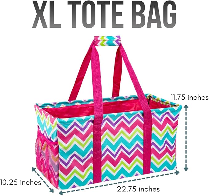 Extra Large Utility Tote Bag - Oversized Collapsible Reusable Wire Frame Rectangular Canvas Basket With Two Exterior Pockets For Beach, Pool, Laundry, Car Trunk, Storage - Chevron Multi - Image 4