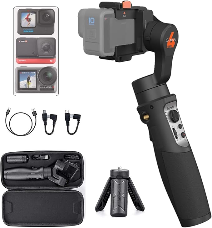 Hohem iSteady Pro 4 Action Camera Gimbal 3-Axis Splashproof Stabilizer for GoPro Hero 13/12/11/10/9/8/7/6/5/4/3,DJI OSMO Action,Insta360 ONE R,Sony RX0,Quick Mounting,14Hrs Runtime by Hohem