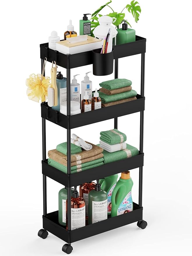 LEHOM Slim Rolling Storage Cart - 4 Tiers Bathroom Organizer Utility Cart | Slide Out Storage Shelves Mobile Shelving Unit for Kitchen, Bedroom, Office, Laundry Room, Small Narrow Spaces (7.1" W+Black) by LEHOM