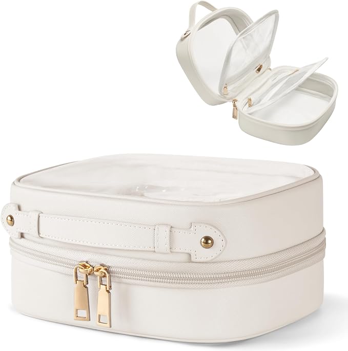 Clear Cosmetic Bag Double Layer Travel Toiletry Bag Clear Makeup Bag Case with 4 Compartments, Transparent Travel Bag for Toiletries, Large Toiletry Bag for Women Cosmetic Case (White, Small) by Oaque