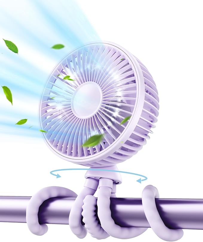 Gaiatop Oscillating Baby Stroller Fan with LED Lights, Rechargeable Purple | 4-Speed Quiet Cooling, 4.6 In, Battery Operated, 360° Rotate Clip On Small Portable Fans for Car Seat Crib Treadmill Travel by GAIATOP