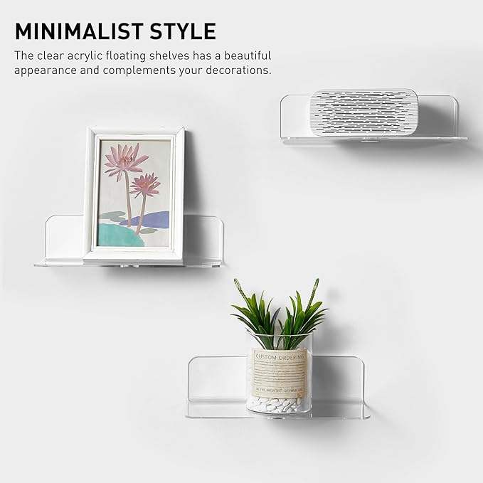 OAPRIRE Acrylic Floating Wall Shelves Clear, No Drill, 9 Inch 2 Pack | Strong Tape Adhesive Wall Shelf, Easy Installation, Hole Design with Cable Clips, Small Spaces Bedroom Bathroom Living Room - Image 6