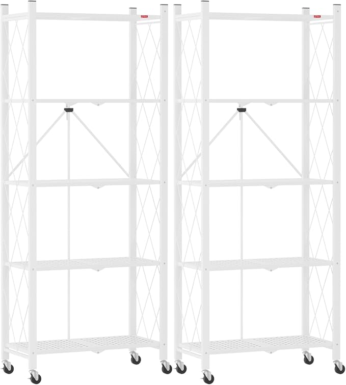 DEANIC 5-Shelf Folding Bookcase with Wheels, Heavy Duty Storage Shelves, Freestanding Metal Wire Shelving Unit for Living Room, Office, Kitchen, Basement, Pantry(White 2 Pack) by ShowNow