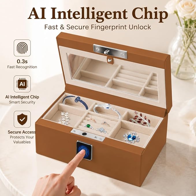 Jewelry Safe, Biometric Fingerprint Safe, Leather Wrapped Jewelry Box with Lock & Mirror, Ultra-Lightweight Jewelry Box Suitable for Home Use & On-the-Go(Three-Tier Brown) - Image 3