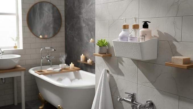 Bath Shelve, Adhesive Shelf Shower Caddy Bathroom Organizer, No Drill Wall Mounted Shower Caddy Basket Plastic，White Storage Rack for Bathroom/Kitchen - Image 3