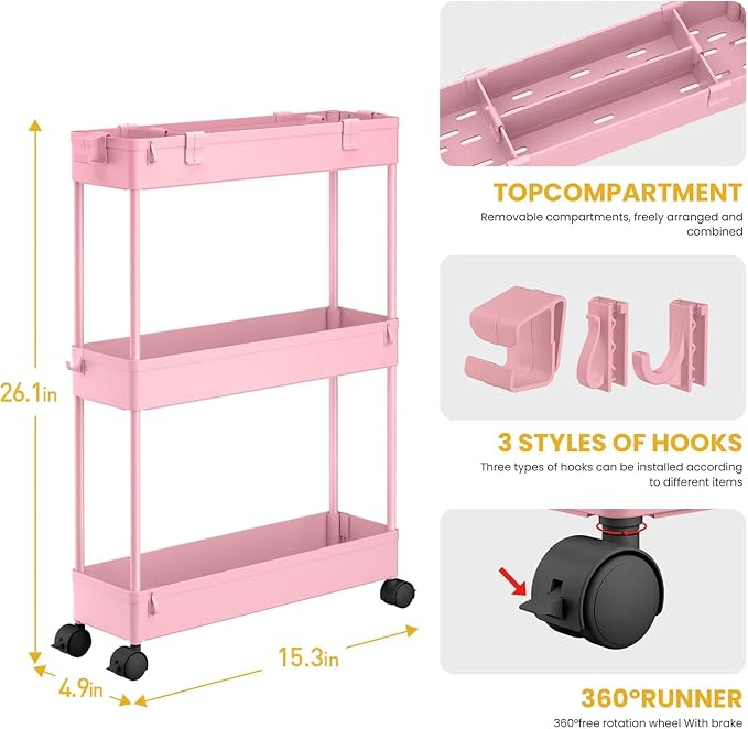2-piece Set Slim Storage Cart 3 Tier,Bathroom Organizer Rolling Utility,Mobile Shelving Unit Slide Out for Office, Kitchen, Laundry Room & Narrow Places - Image 2