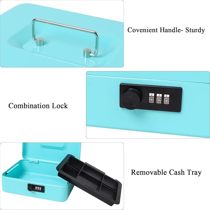 Jssmst Large Cash Box with Combination Lock - Durable Metal Cash Box with Money Tray, light blue (9.84 x 7.87 x 3.46) - Image 4