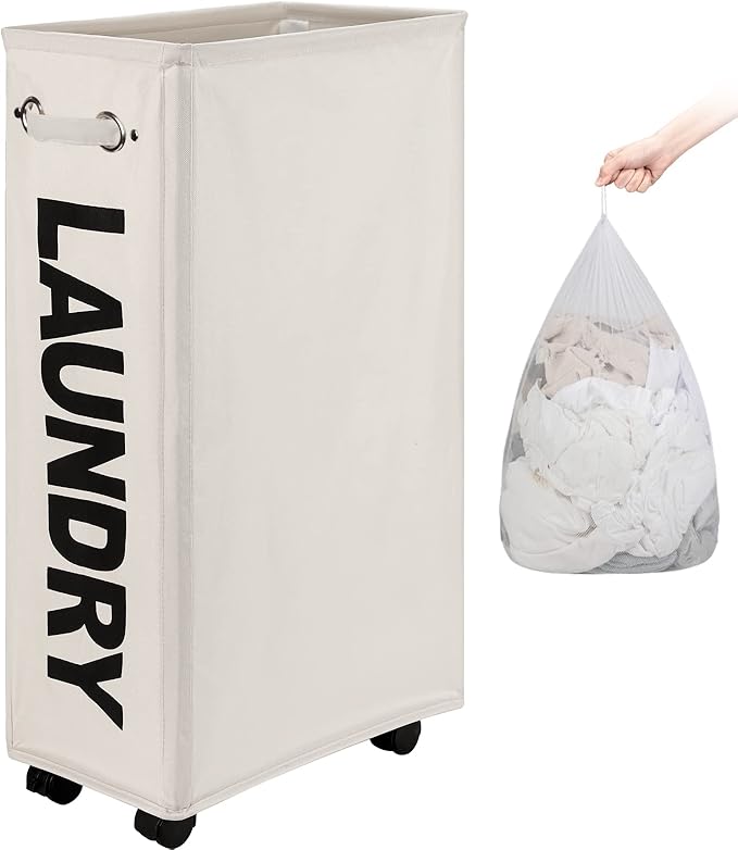 DOKEHOM 29" Enlarged Slim Rolling Laundry Basket Hamper on Wheels, Beige | Collapsible tall laundry hamper with removable mesh wash bag. Foldable narrow corner clothes storage bin for small spaces by DOKEHOM