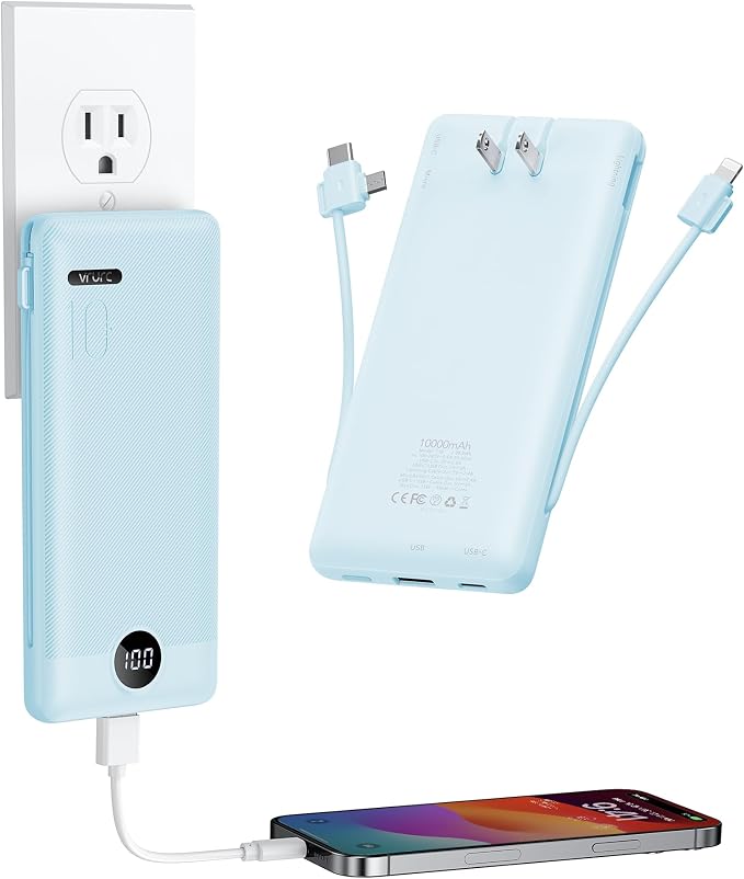 VRURC 10000mAh Portable Charger with Built-in Cables and AC Plug, Blue | 22.5W fast charge, LED display, Micro, USB-C and Phone cables, 4 outputs, 8 oz, airline approved by Home