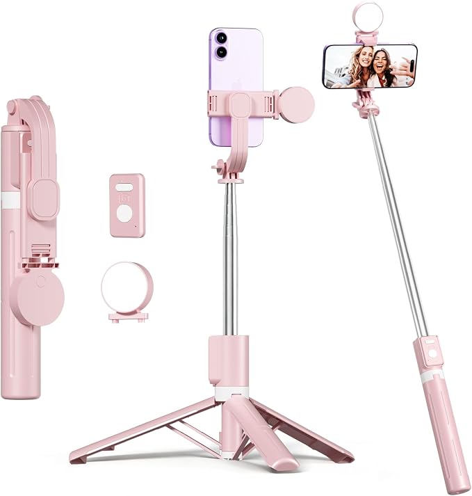 Selfie Stick with Rechargable Remote & Light (1PC), Tripod for iPhone, Cell Phone Stand for Video Recording, Portable Travel Essentials Smartphone Mount Holder, Extendable Vlogging Filming Accessories by NOOX
