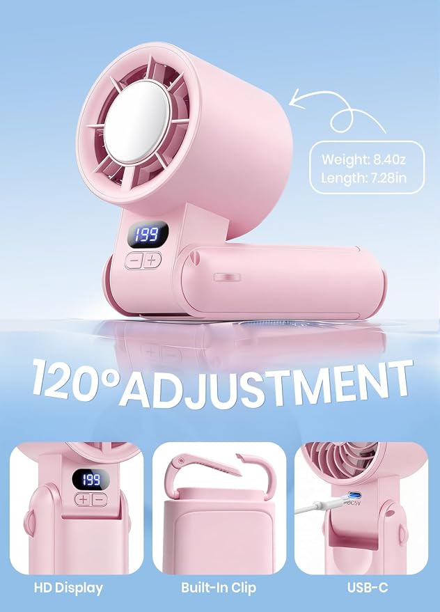 Portable Handheld Turbo Fan, 1-199 Speed Adjustable, Pink | 4 IN 1 Pocket Design with LED Display, High-Power Motor, Rechargeable Battery, Mini Fans for Indoor/Outdoor/Travel/Work - Image 7