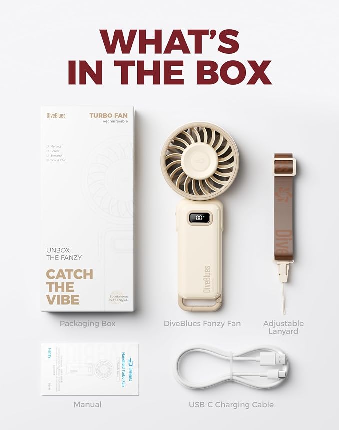 Diveblues Portable Handheld Fan D6036 Cream | 7.4m/s High Speed Turbo, 180° Foldable 4-in-1, Personal Neck Fan with Carabiner Clip, 100 Speed Stepless Control - Image 7