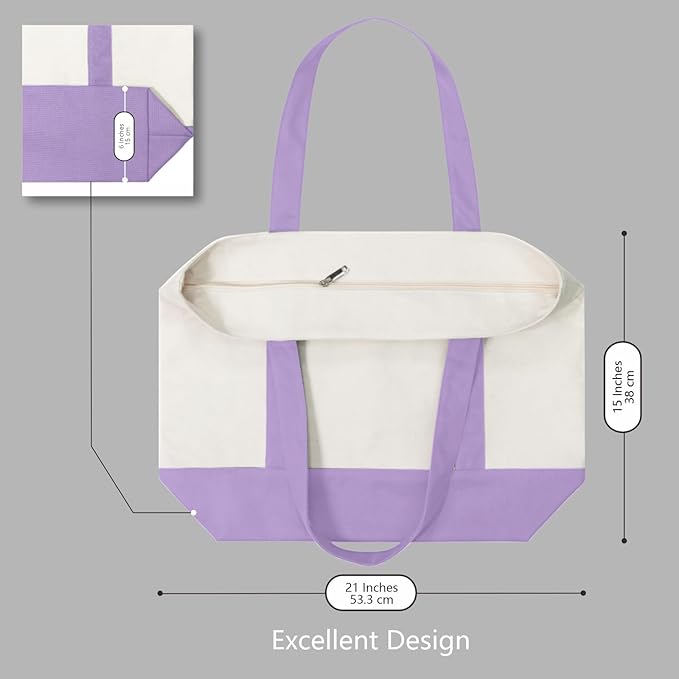TOPDesign 1-Pack Canvas Tote Bag with an External Pocket, Reusable Grocery Shopping Bag, Top Zipper Closure, Daily Essentials (Lavender/Natural) - Image 5