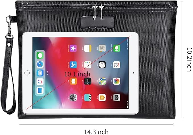 Fireproof Document Bag with Lock,Waterproof Money Pouch,14.3"x10.2" | Zipper Closure, Portable Safe Storage for Letter Size Files, Cash, Cell Phone, Tablet, Credit Card, Passport, Black - Image 6