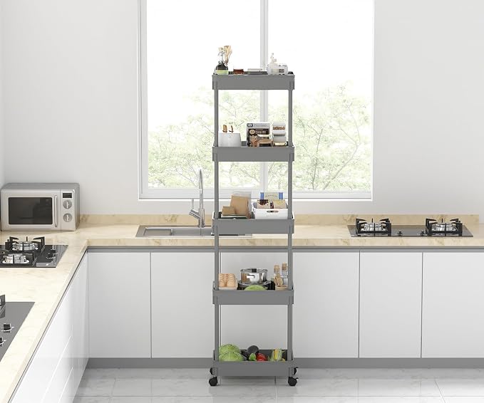 Sooyee 5-Tier Plastic Rolling Utility Cart with Wheels, Grey | Multi-Functional Storage Trolley for Office, Living Room, Kitchen, Movable Storage Organizer with Wheels - Image 7