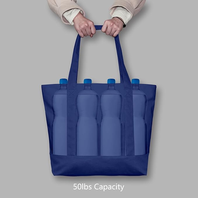 TOPDesign 3-Pack Canvas Tote Bags with an External Pocket, Reusable Grocery Shopping Bags, Top Zipper Closure, Daily Essentials (Blue) - Image 6