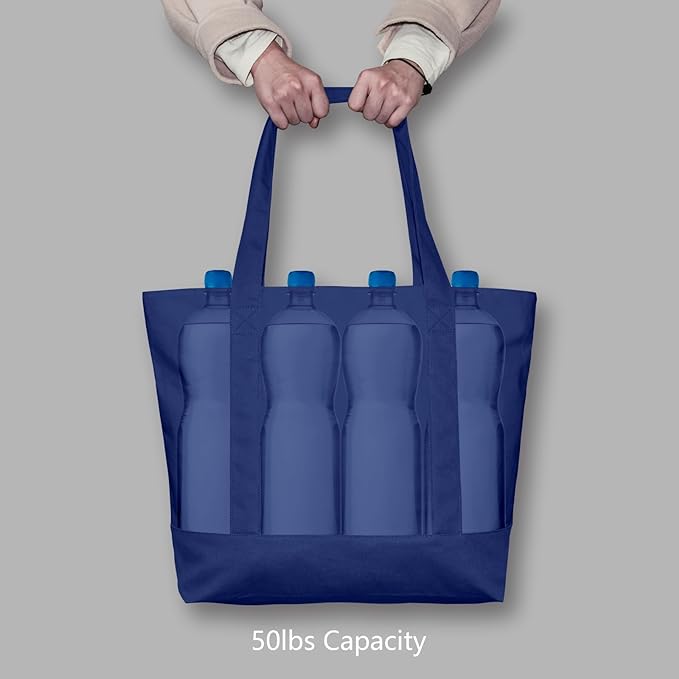 TOPDesign 1-Pack Canvas Tote Bag with an External Pocket, Reusable Grocery Shopping Bag, Top Zipper Closure, Daily Essentials (Blue) - Image 6