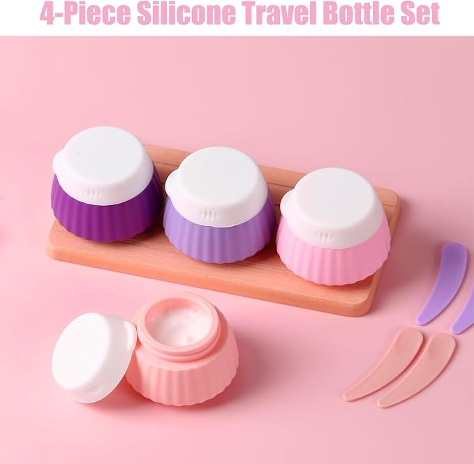 4 Pack Silicone Travel Cream Containers, Refillable Toiletry Jars | Leak Proof Design, Comes with Scoops, Labels & Clear Bag, Perfect for Travel Shampoo, Conditioner and Skincare Toiletries - Image 2