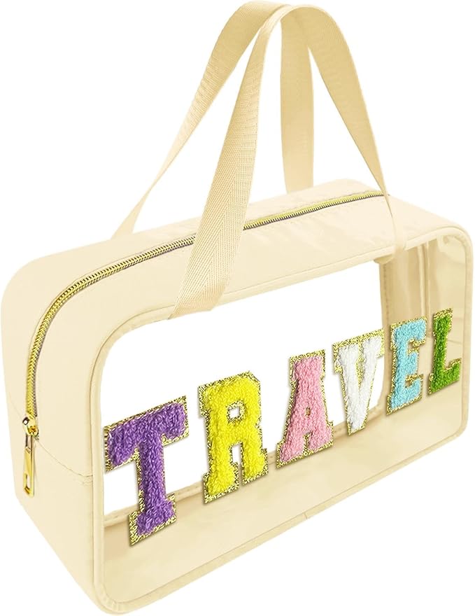 Bunliuys Chenille Letter Clear Makeup Bag Travel Patch, Travel Toiletry Makeup Bag with Handle, Nylon Waterproof Makeup Bags clear cosmetic bag, preppy patch makeup bag for Women (TRAVEL-Beige) by Bunliuys