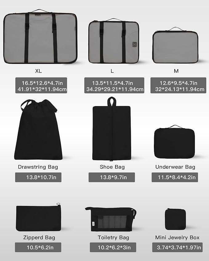 9 Set Packing Cubes for Carry on Suitcase Travel Organizer Bags for Luggage Suitcase Organizer Bags Packing Cube Set for Packing Women Men (Black) - Image 2
