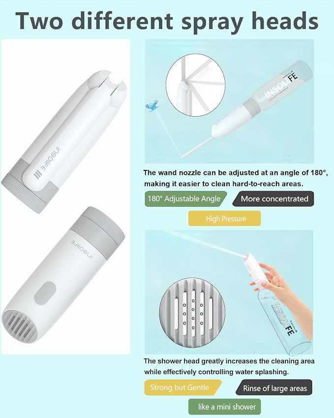 Insolife® Portable Bidet | High Pressure Travel Bidet 350ml | 2 Pressure Modes, IPX7 Waterproof, USB Rechargeable Personal Hygiene on Trip & Daily Use - Image 3