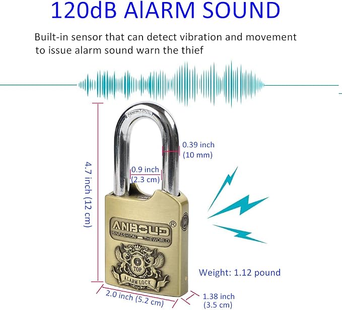 Alarm Padlock - Anti-Theft Heavy Duty Security Alarm Lock - 120db Alarm Sound - Weather Proof for Door Storehouse Truck with 4 Keys (10mm) Bronze - Image 4