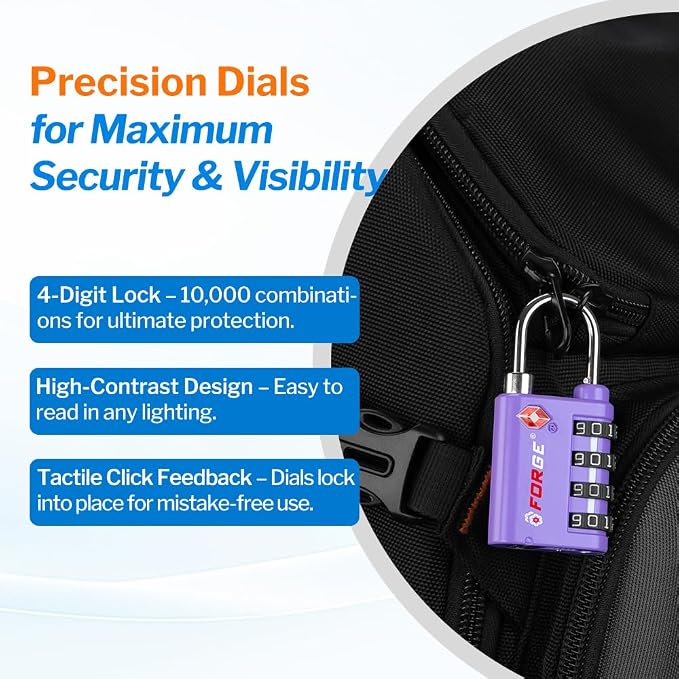 Forge Dual-Opening: Key or Combination Lock, TSA Approved Lock for Luggage, Pelican case, Travel, Gym, School, Luggage Combination Lock, Travel Bag Lock (Purple 2 Pk) - Image 6