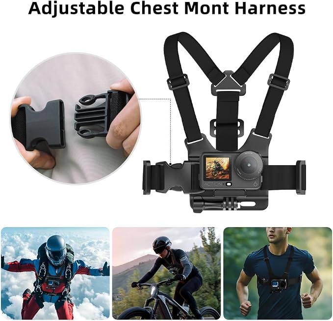 4 in 1 Accessories Set for DJI Action 6/5Pro/4/3/2,Chest Mount Harness/Head Strap Mount/ 360°Rotating Wrist Strap/360° Rotation Quick Clip Bracket for GoPro Hero 13/12/11 (Set 1) - Image 3
