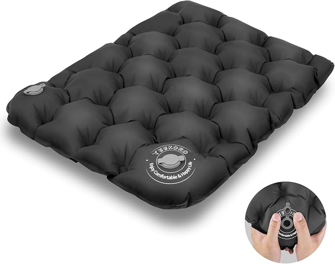 Inflatable Seat Cushion, Lightweight Camping Air Sitting Pad, Waterproof Air Seat Cushion, Portable Push-Press Seat Cushion for Airplane Travel Hiking Office Stadium Seat（Black） by YEEKORO