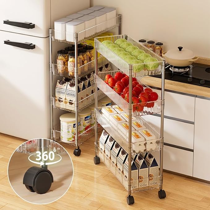 Sooyee Slim Rolling Storage Cart, 4 Tier, Clear | Bathroom Rolling Utility Cart Storage Organizer, for Office Bathroom Kitchen Laundry Room Narrow Places - Image 3