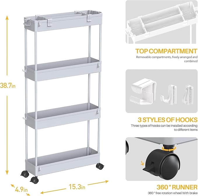 2-piece Set Slim Storage Cart 3 Tier,Bathroom Organizer Rolling Utility,Mobile Shelving Unit Slide Out for Office, Kitchen, Laundry Room & Narrow Places - Image 2