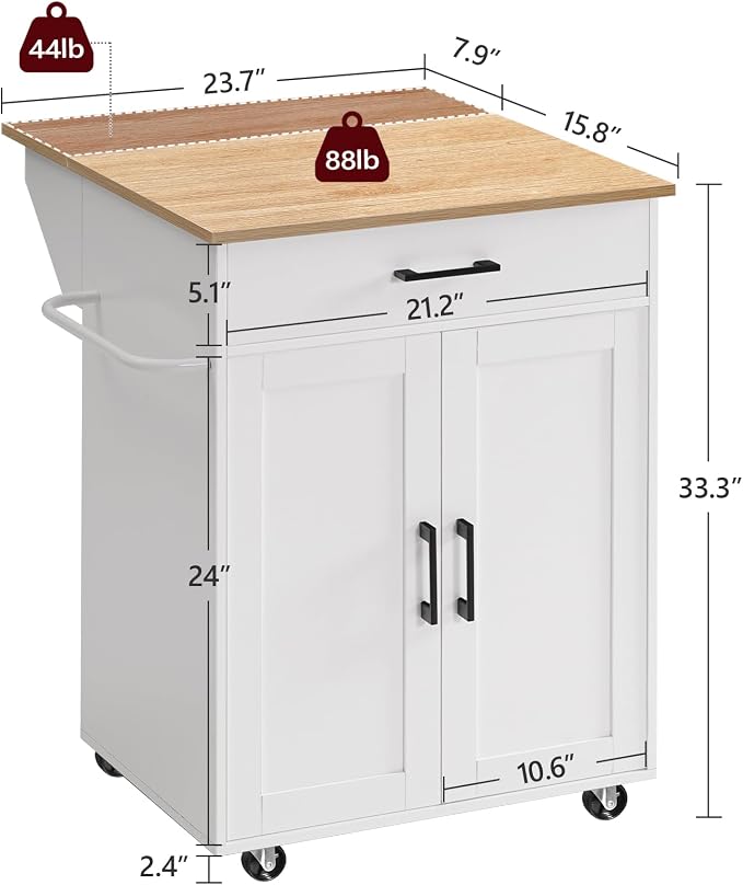 MAHANCRIS Kitchen Island on Wheels with Drop Leaf, Folding Countertop Kitchen Island Cart, Kitchen Island Table with Towel Rack, Drawer, for Kitchen, Dining Room, White and Natural KINW12501 - Image 3