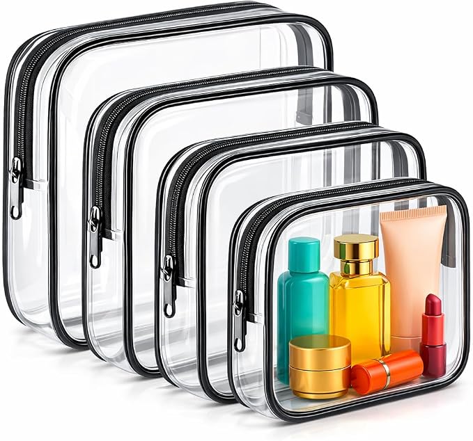 Clear Makeup Bag 4 Pack, TSA Approved Toiletry Bag for Women, Waterproof PVC Cosmetic Pouch Travel Organizer, Clear Bags for Diaper Bag Organizer Purse, Portable Zipper Pouch Set (L+M+M+S) by Unknown