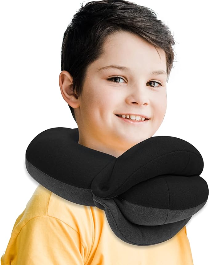 Kids Travel Pillows for Airplane, Memory Foam 360° Head Support Sleeping Essentials for Long Flight, Skin-Friendly Soft Neck Pillow for Traveling in Car Seat, (Small, Black Grey, 40-90 lbs) by BUYUE