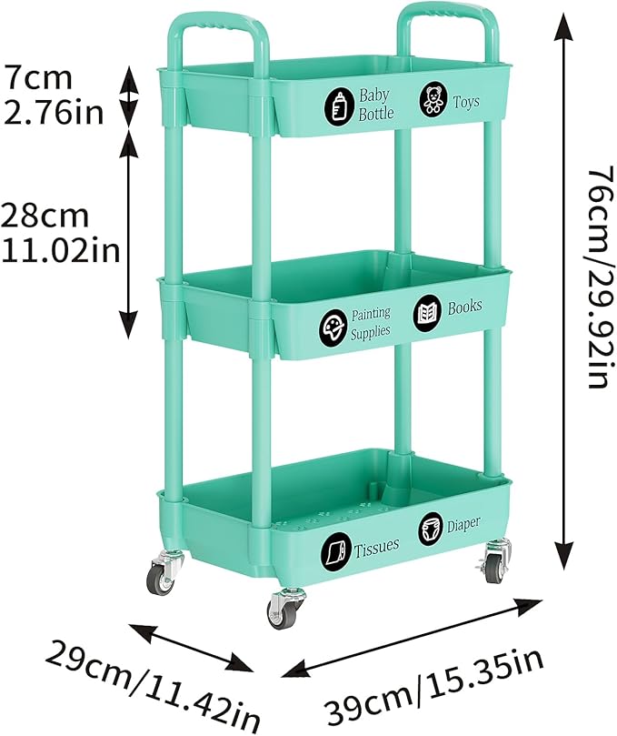 Laiensia 3-Tier Rolling Cart with Wheels,Multifunction Utility Storage Carts, Kitchen Storage Organizer,Mobile Shelving Unit for Bathroom,Laundry,with Classified Stickers,Green - Image 6