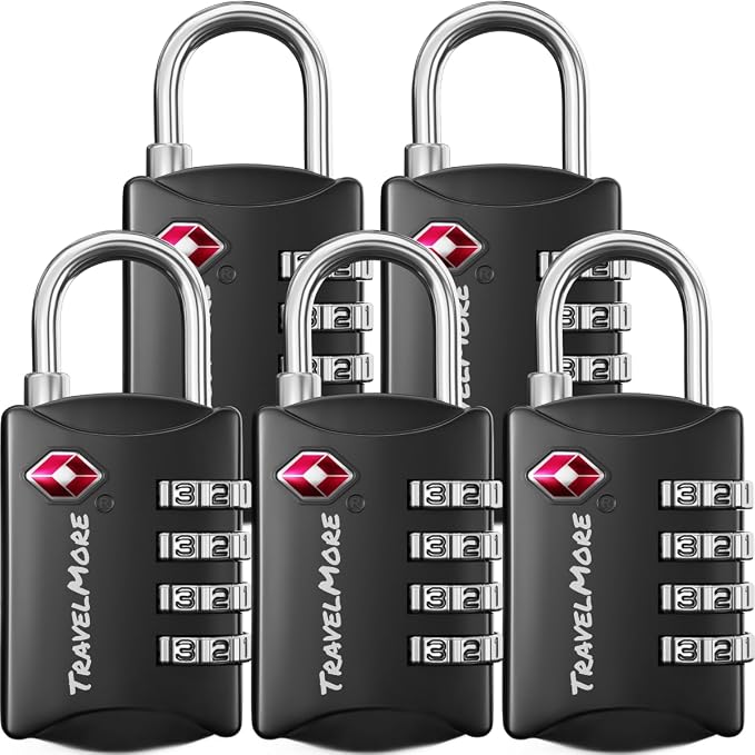 Luggage Locks TSA Approved, 4-Digit Travel Combination Locks | TSA Accepted, Easy to Use, Compact, Lightweight, Durable, Zinc Alloy Body, for Suitcases, Backpacks, Zippers, 5-Pack, Black by TravelMore