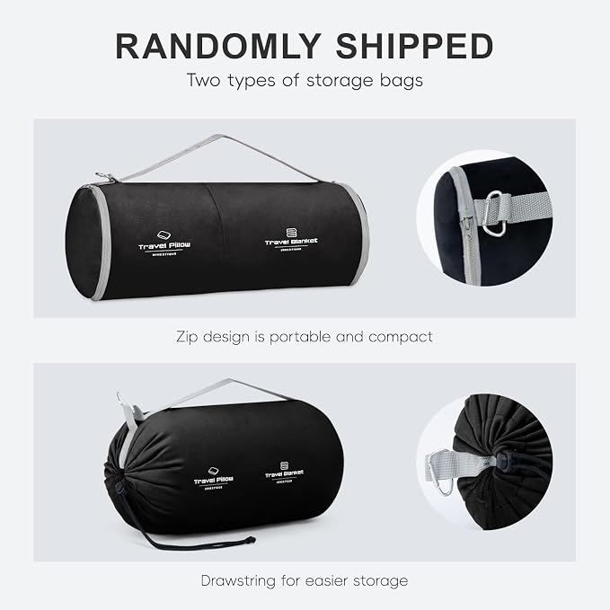 urnexttour Travel Pillow and Blanket Set Neck Pillow Airplane Foam Black | 43x60 Inch Plane Blanket, Traveling Compact Storage Bag, Eye Mask, and Earplugs for Ultimate Flight Comfort, Women and Men - Image 2