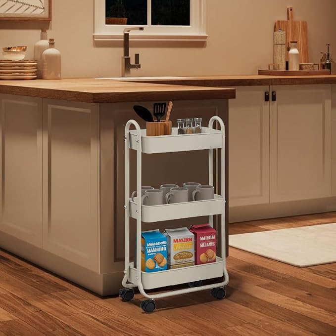 SunnyPoint Slim Rolling Storage Cart, 3 Tier Bathroom Storage Organizer Bathroom, Laundry Utility Cart (White) - Image 5