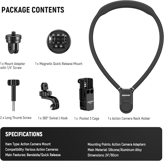 NEEWER Magnetic Neck Mount with Pocket 3 Cage, Flexible Quick Release Action Camera Neck Holder Compatible with Hero 13 12 11 Max DJI Action 5 Pro Insta360 Osmo Pocket 3 Accessory for POV, GP39 - Image 9