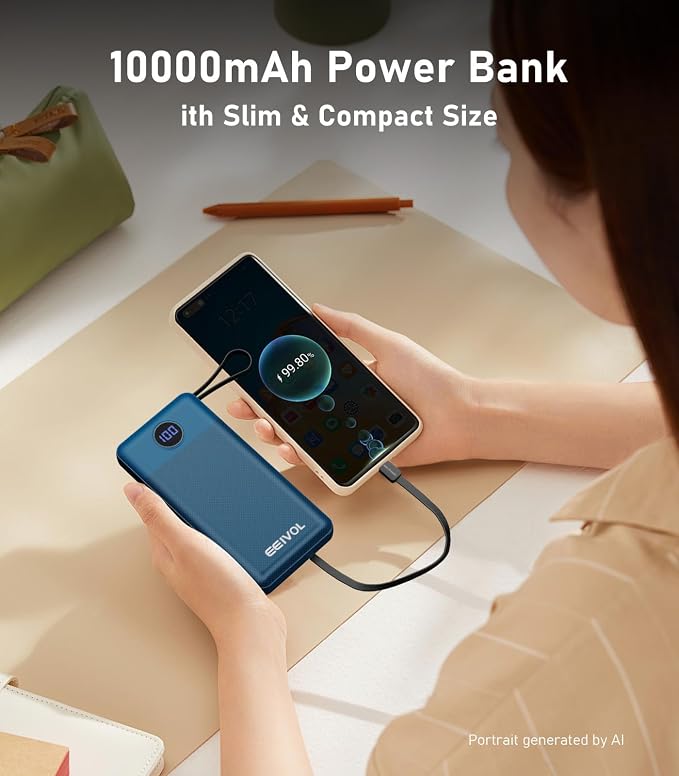 Portable Charger with Built in Cables, Slim 10000mAh Power Bank, USB C Battery Pack Travel, 4 Output 2 Input External Charging Bank for iPhone 17/16/15/14/13,Samsung, Android, etc-Blue(1 Pack) - Image 7