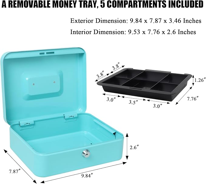 Jssmst Cash Box with Money Tray and Lock - Light Blue Money Saving Box for Cash Coins, Small Lock Box for Medication Personal Items, 9.84'' x 7.87'' x 3.46'', Light Blue - Image 2