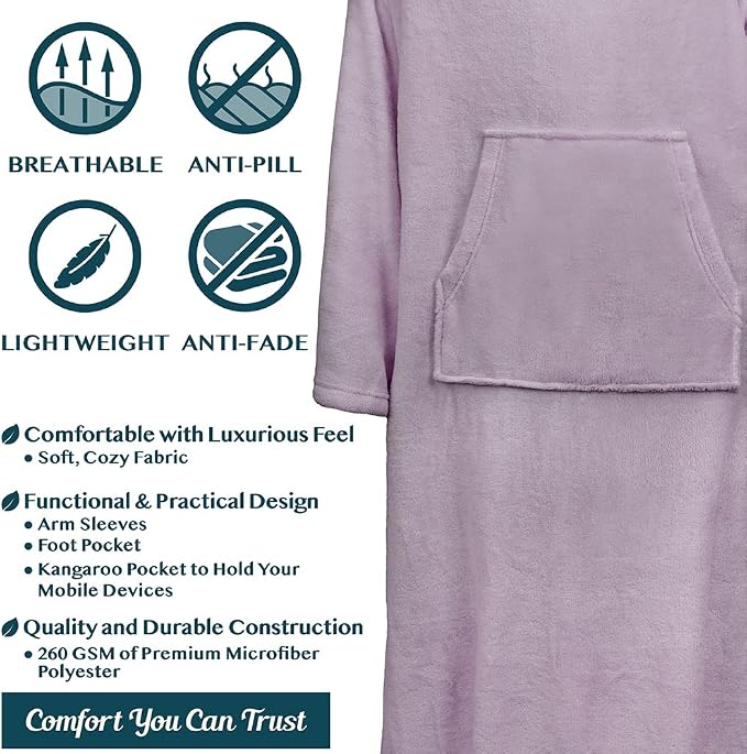 PAVILIA Fleece Blanket with Sleeves, Foot Pockets for Women Men Adults, Plush Wearable Blanket Throw Wrap, Warm Snuggle Blanket Robe, Cozy Gift Ideas for Wife Mom, Light Purple - Image 4
