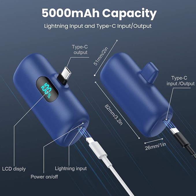 Feob Mini Portable Charger 5000mAh Power Bank,15W PD USB C Cell Phone Portable Power,LCD Display Battery Pack Compatible with iPhone 17/Air/17 Pro/17Pro Max/16/15 Android/Samsung/Moto(Type-C Only) - Image 6