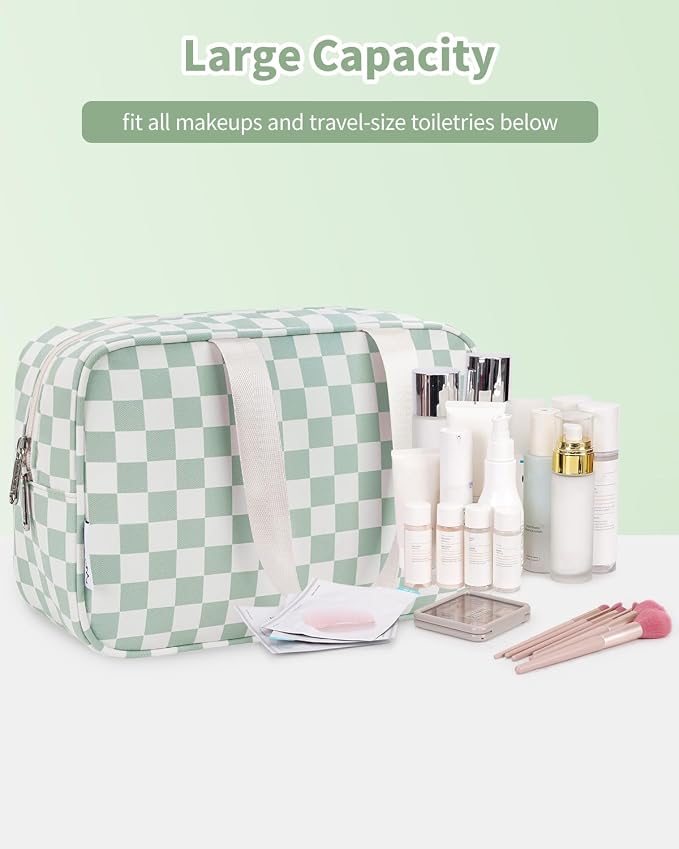 Narwey Large Capacity Travel Toiletry Bag Women, Checkered Makeup Bag with Handle, Portable Make up Cosmetic bag Organizer, Travel Bag for Toiletries, Skincare, Medicine, Essentials (Green Checker) - Image 6