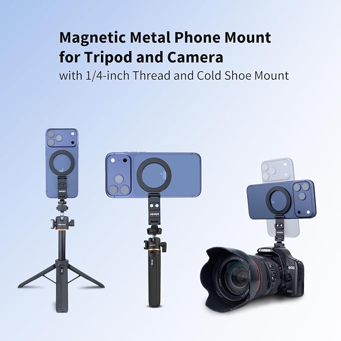 Universal Magnetic Phone Holder with Tripod & Camera Mount Adapter | Aluminum, 1/4" Thread & Cold Shoe, Fits iPhone MagSafe, 360° Rotatable, Foldable, Portable Design for Photography/Video/Vlog - Image 2