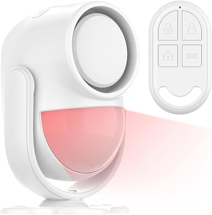 125dB Loud Motion Sensor Alarm with 328ft Remote Control (40ft PIR Detector, 3*AA Batteries), Indoor Wireless Infrared Security Motion Detector with Siren for Home/Shed, White by LUCKYDEER