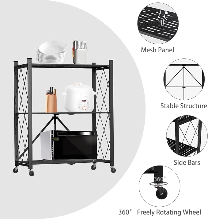 3 Tier Foldable Storage Shelf with Wheels Garage Shelving | Unit Loads 550 LBS, Metal Steel Collapsible Shelves, Rolling Standing Utility Rack for Kitchen, Pantry, Office, Black - Image 6