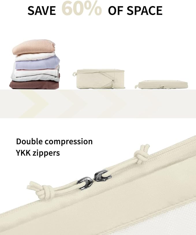 ECOHUB 5 Set Compression Packing Cubes for Suitcases Organiser Bags Set Travel Essentials with Shoe Bag for Traveling Tear-resistant Travel Accessories with ID Tag Expandable Packing Bags(Beige) - Image 3