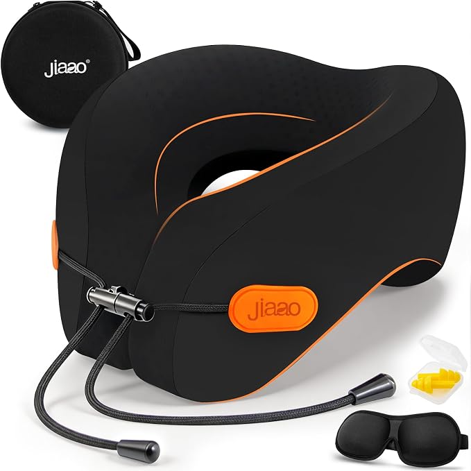 Travel Pillow Memory Foam Neck Pillow for Airplanes with Adjustable Neck Support, Includes Eye Mask, Earplugs & Storage Bag - Perfect for Flights, Road Trips, and Trains by jiaao